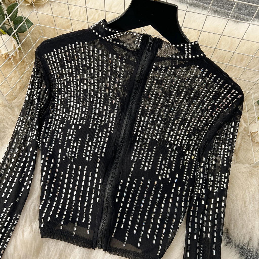 Ensemble Femme Manches Longues Sequins & Franges — Jupe Longue Tendance 2024