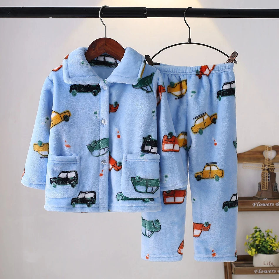 Pyjama Enfant Polaire Cartoon — Manches Longues, Chaud Hiver, Garçon & Fille