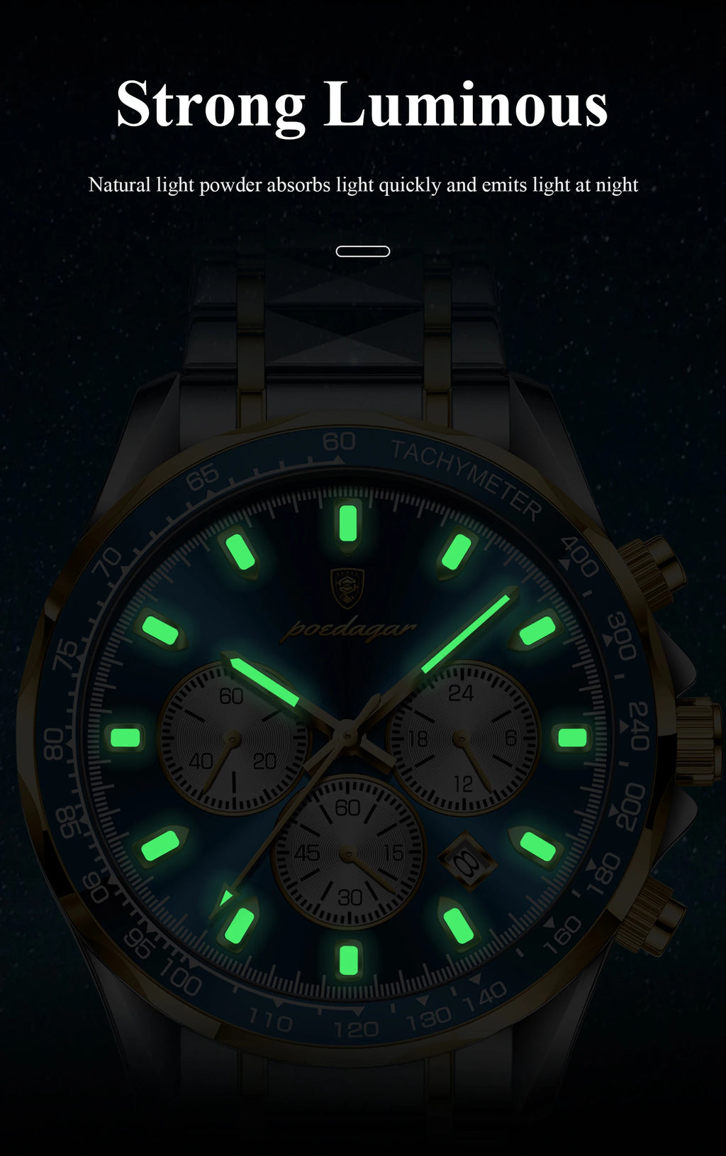 POEDAGAR Montre Homme Sport Luxe Chronographe — Acier Inoxydable, Étanche, Lumineuse