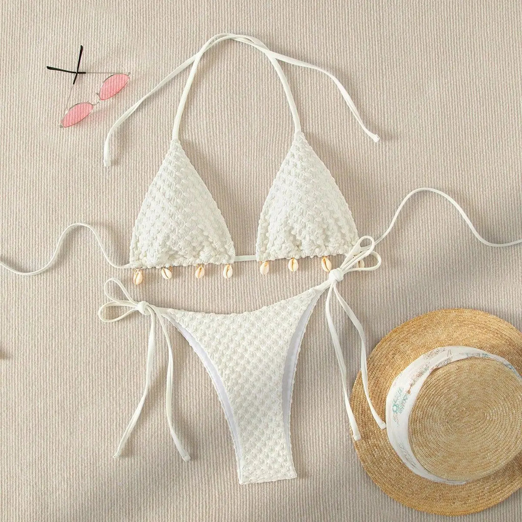Bikini Coquillage Blanc Push Up 2025 — Halter Micro, Tanga, Maillot de Bain Sexy