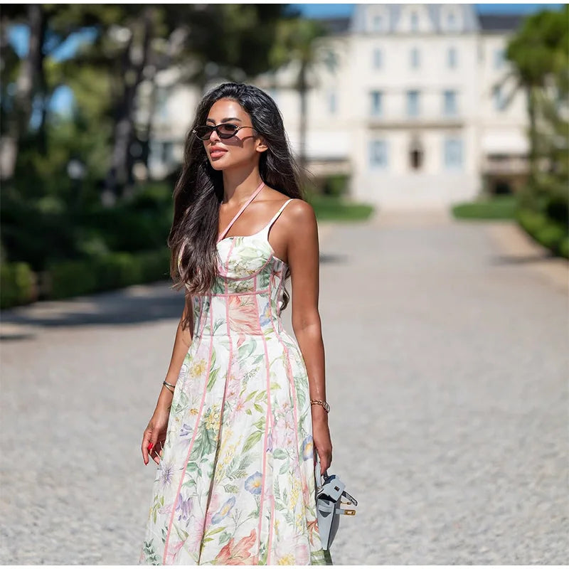 Robe Maxi Halter Corset Imprimé Floral 2026 — Sans Manches, Ligne A, Soirée Élégante