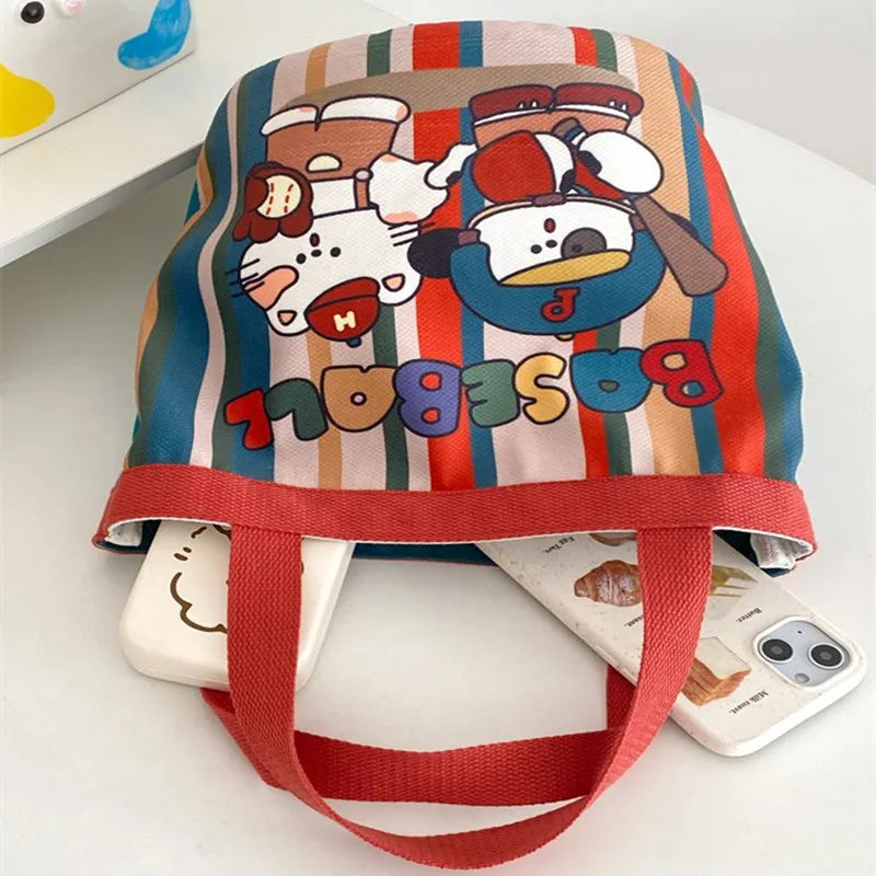 Sac Seau Toile Cartoon Imprimé — Tote Portable Cylindrique, Lunch Bag Fille Étudiante