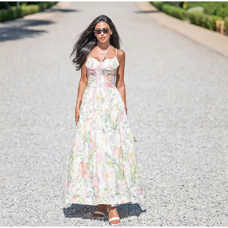 Robe Maxi Halter Corset Imprimé Floral 2026 — Sans Manches, Ligne A, Soirée Élégante
