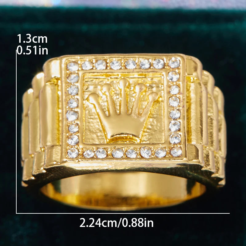 Bague Homme Luxe Couronne Zircon Dorée — Style Rétro, Glamour, Accessoire Mode