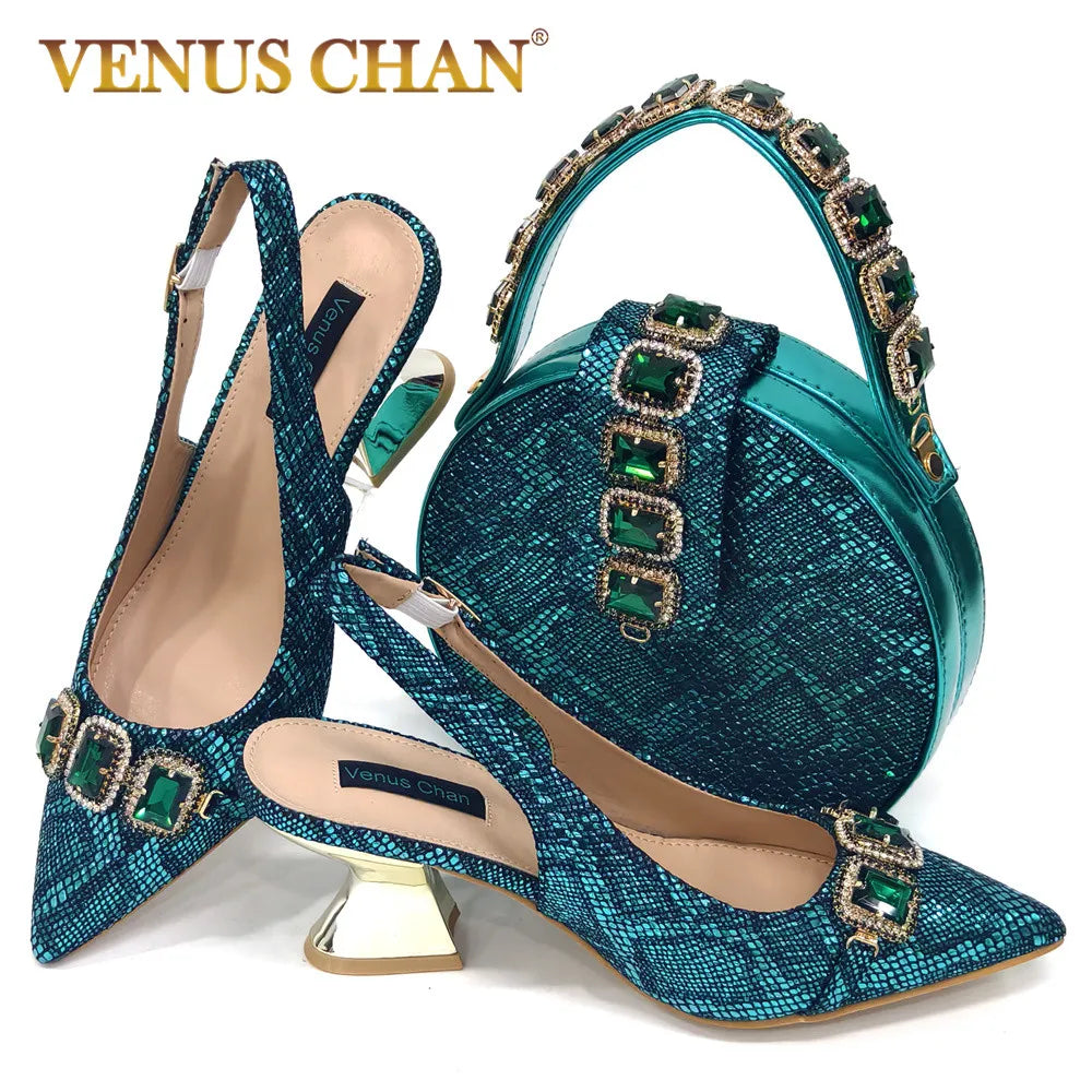 Ensemble Chaussures & Sac Femme Venus Chan Vert Strass — Talon Haut, Soirée Luxe