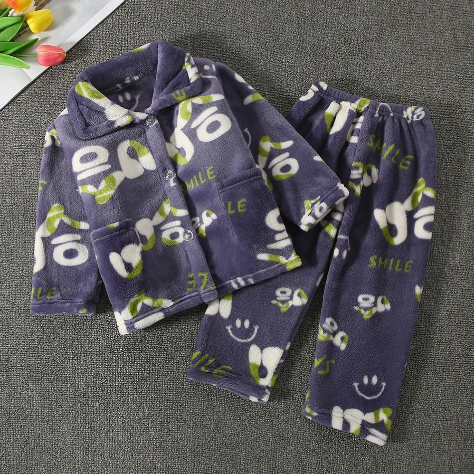Pyjama Enfant Polaire Cartoon — Manches Longues, Chaud Hiver, Garçon & Fille