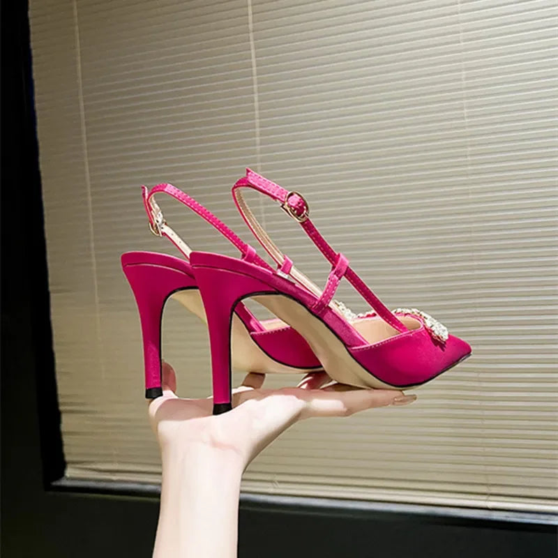 Escarpins Satin Strass Fleur Talon Haut Bleu — Bout Pointu, Bride Dos, Mariage Soirée