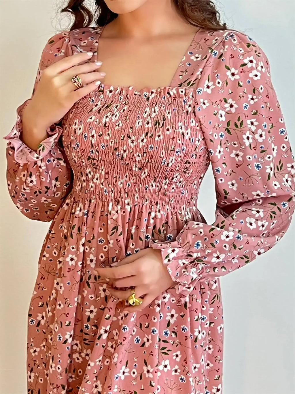 Robe Midi Femme Mousseline Manches Longues — Imprimé Floral Laçage