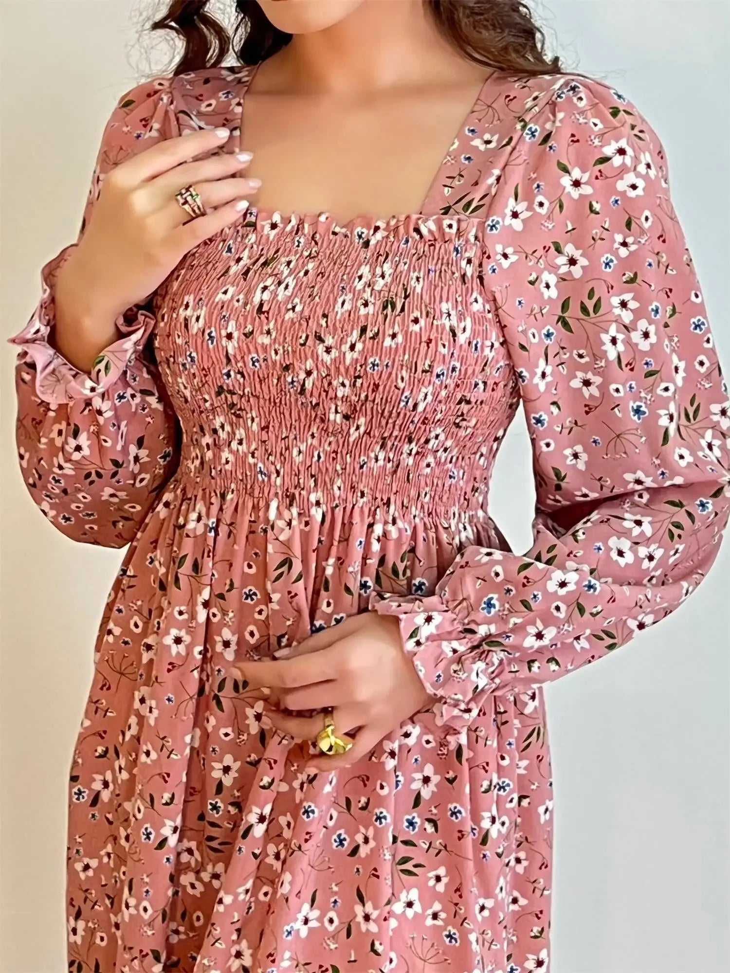 Robe Midi Femme Mousseline Manches Longues — Imprimé Floral Laçage