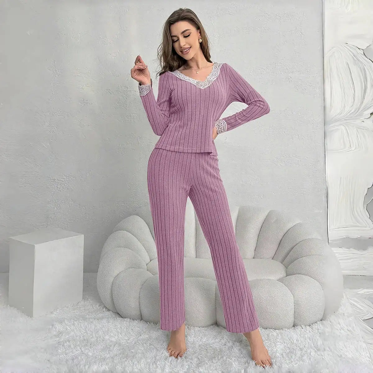 Ensemble Pyjama Femme Hiver — Manches Longues, Col V, Pantalon Long, Chaud & Confortable