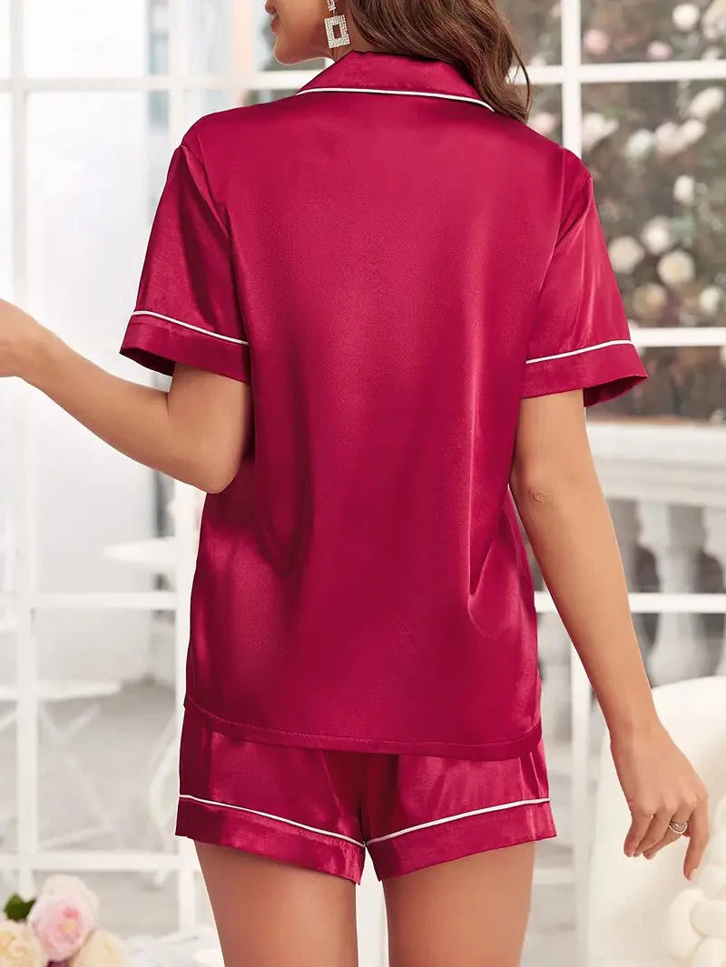 Pyjama Femme Satin Luxueux — 2 Pièces Manches Courtes, Col Chemise, Été