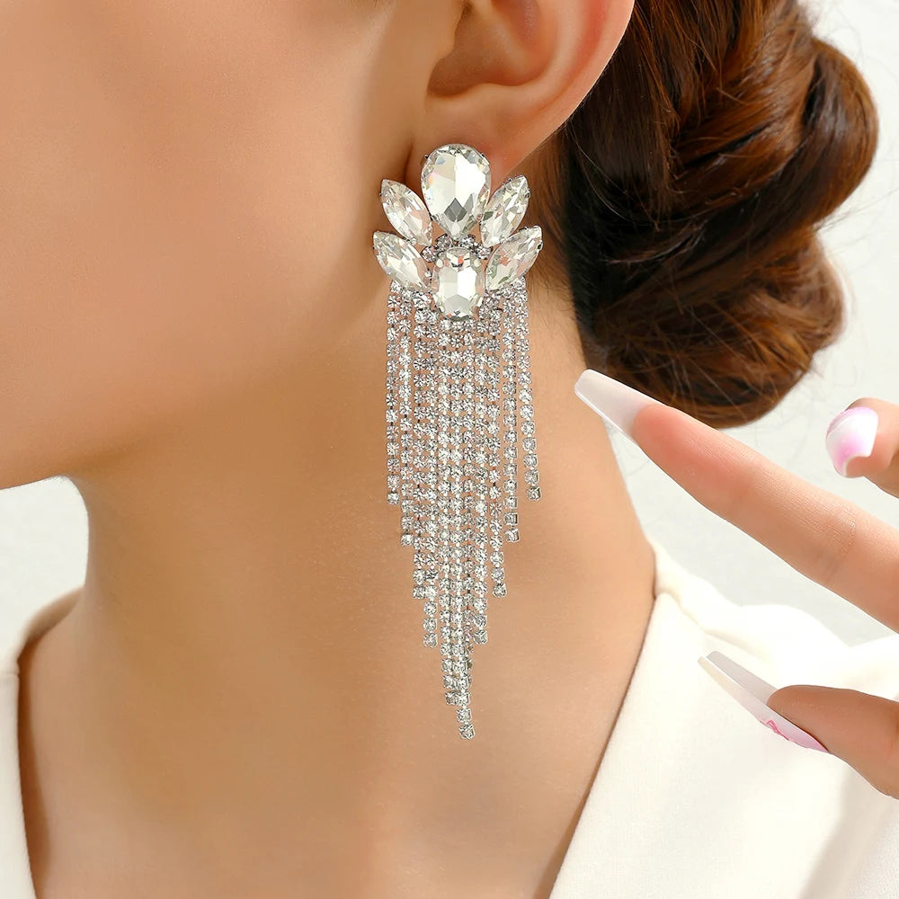 Boucles d'Oreilles Longues Pendantes Cristal Verre Femme — Franges Luxe, Cadeau Bijou