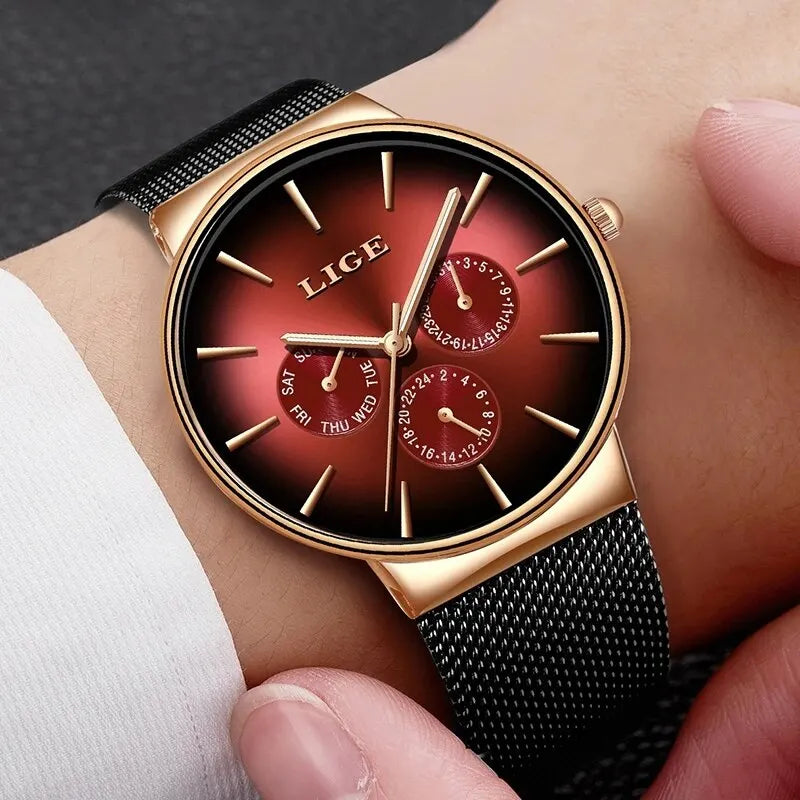 Montre Homme LIGE Luxe Quartz — Maille Acier Ultra-Fine, Étanche, Sport