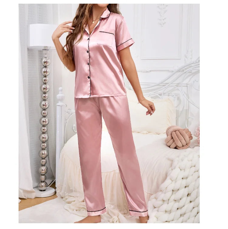 Pyjama Femme Satin Automne 2 Pièces — Haut Boutons Manches Courtes & Pantalon, Doux