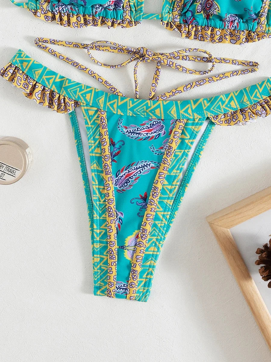 Bikini Halter Floral Volanté Femme — 2 Pièces, Tanga, Maillot de Bain Plage
