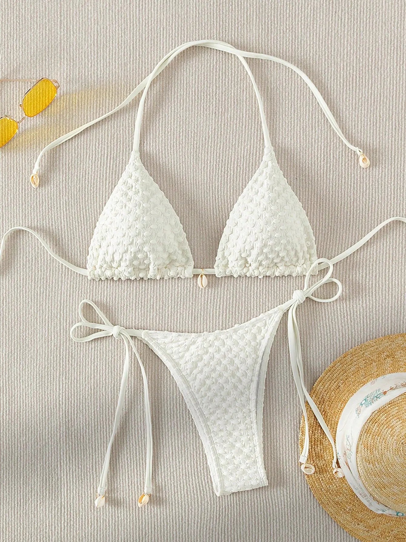 Bikini Coquillage Blanc Push Up 2025 — Halter Micro, Tanga, Maillot de Bain Sexy