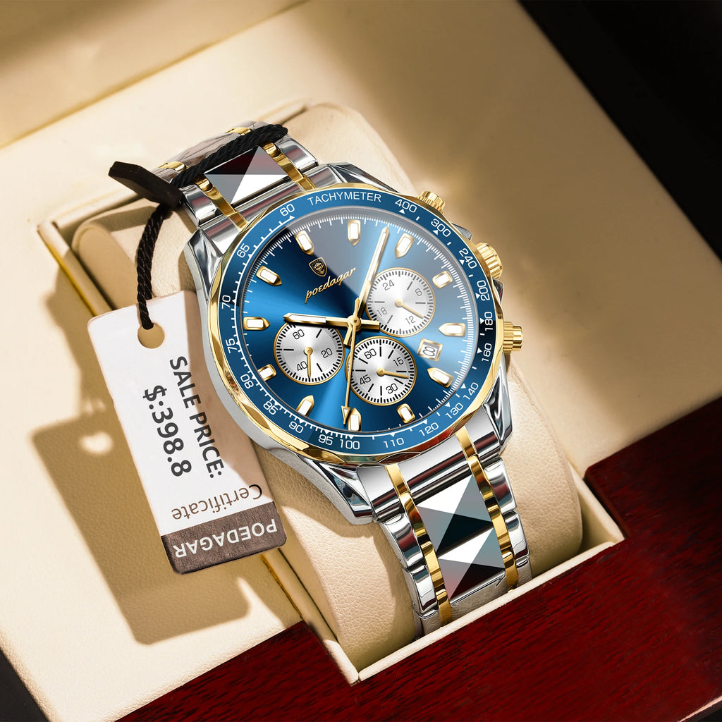 POEDAGAR Montre Homme Sport Luxe Chronographe — Acier Inoxydable, Étanche, Lumineuse