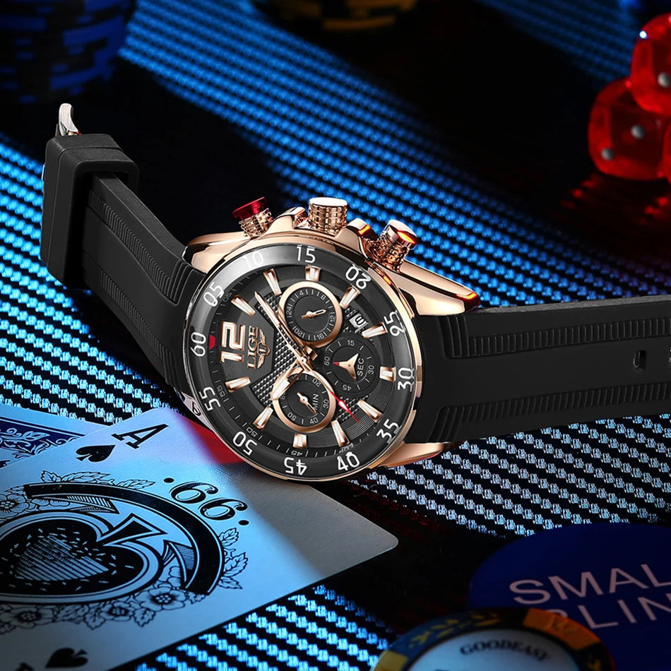 Montre Homme LIGE Sport Rouge Silicone — Étanche, Chronographe Quartz, Luxe