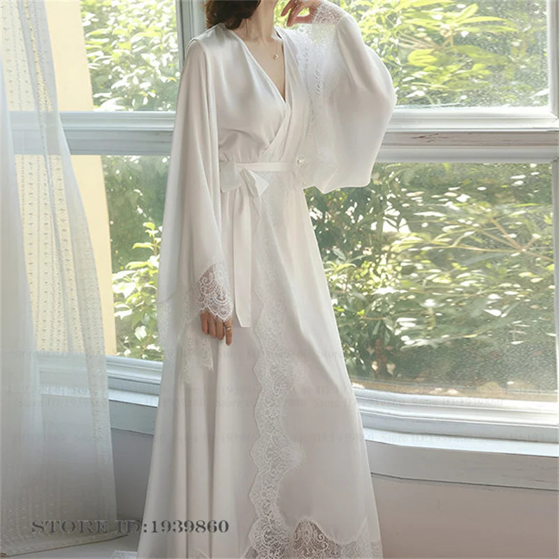 Robe de Chambre Mariée Blanche Dentelle Longue — Kimono Soie Glacée, Sexy Lounge