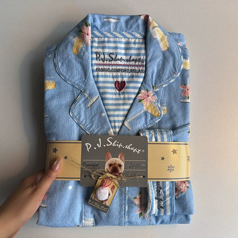Ensemble Pyjama Femme Coton — Imprimé Cartoon Mignon, 2 Pièces, Manches Longues, Automne