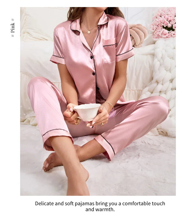 Pyjama Femme Satin Automne 2 Pièces — Haut Boutons Manches Courtes & Pantalon, Doux