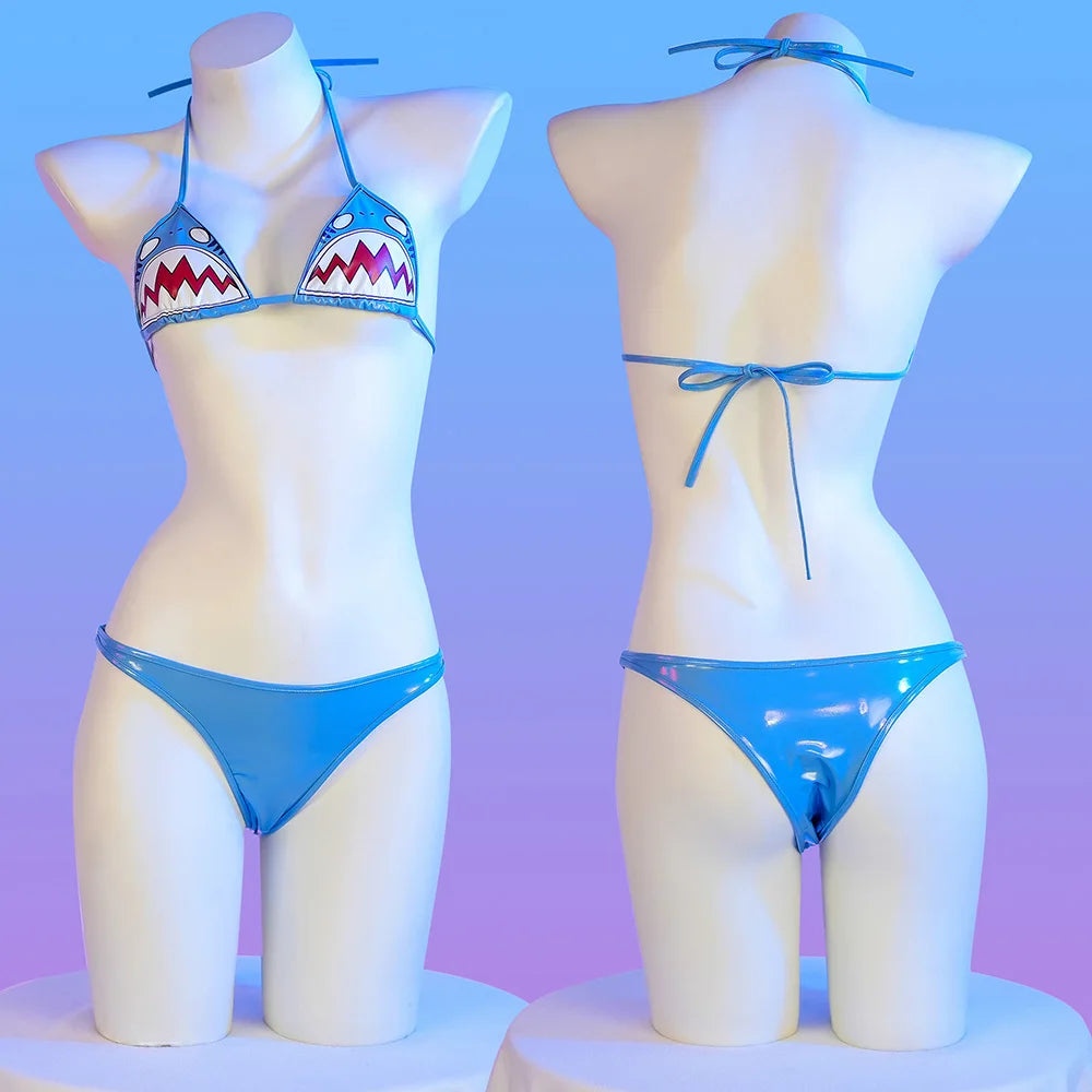 Bikini Imprimé Requin PU Cuir 2024 — Taille Basse, Maillot de Bain Sexy Femme