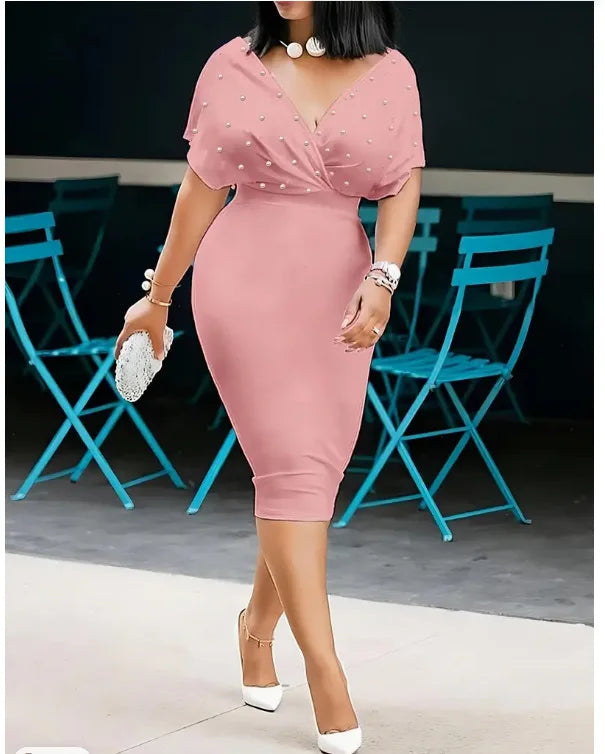 Robe Midi Sexy Col V Moulante — Couleur Unie, Bureau & Soirée, Printemps Été 2025