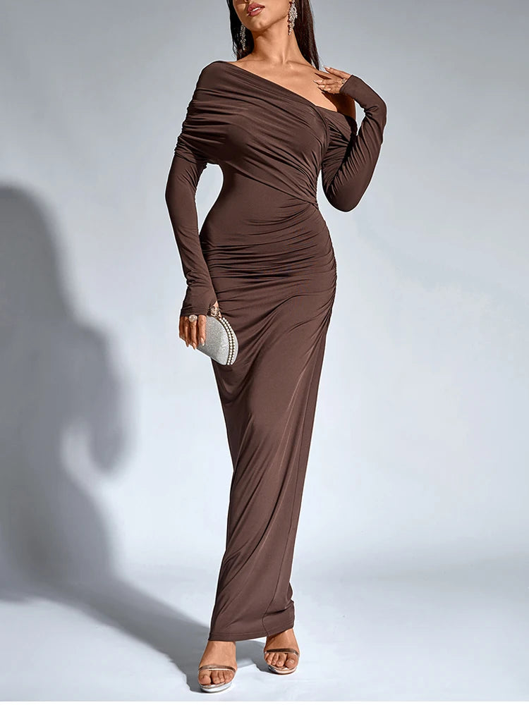 Robe Longue Asymmétrique Épaule Unique — Manches Longues, Bodycon Club, Automne