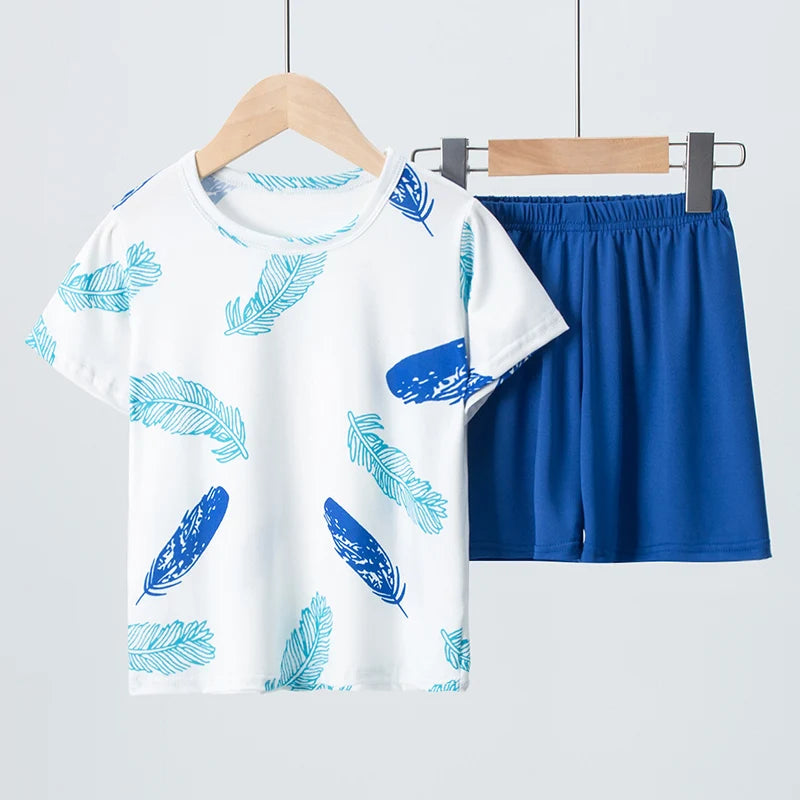طقم صيفي من قطعتين للأطفال مريح ومتعدد الاستخدامات لطيف بأكمام قصيرة وشورت للأولاد والبنات، طقم كاجوال للمنزل والخارج