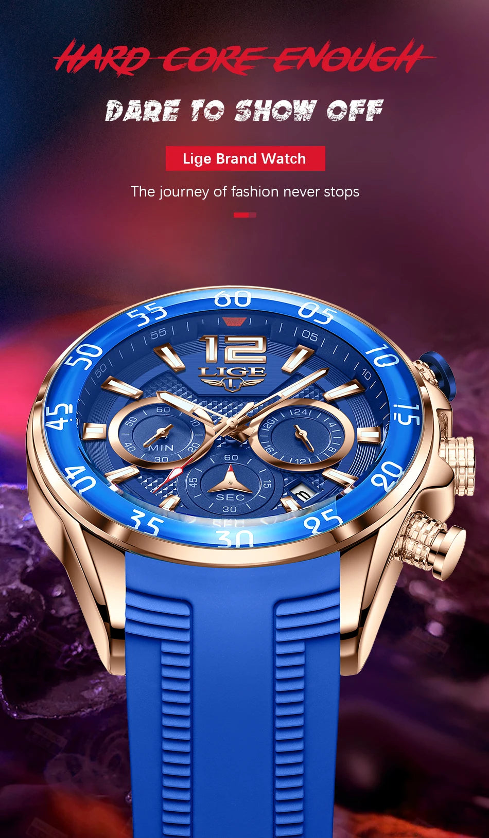 Montre Homme LIGE Sport Rouge Silicone — Étanche, Chronographe Quartz, Luxe