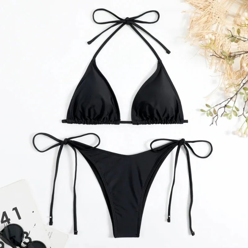Bikini Femme Uni Tanga Halter — Ajustable, Style Brésilien, Maillot de Bain Plage