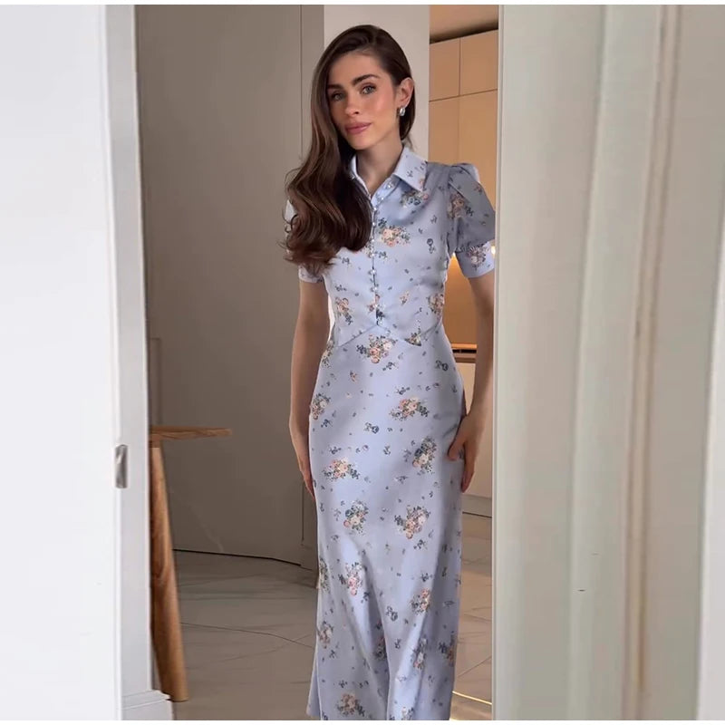 Robe Midi Imprimée Col V Profond — Manches Bouffantes, Taille Haute, Soirée 2026
