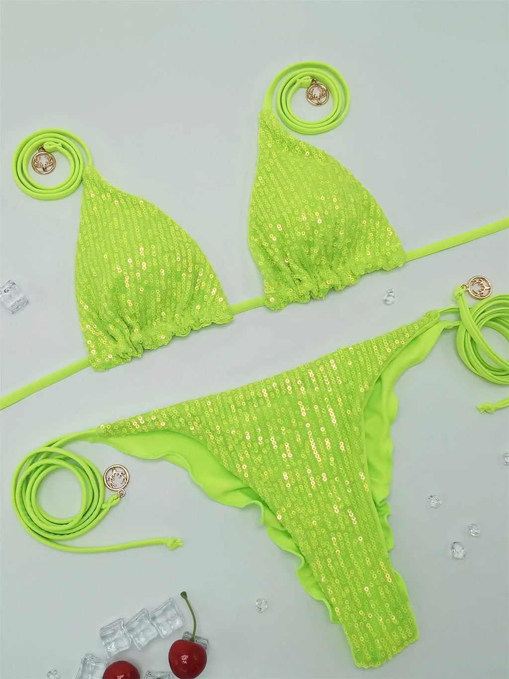 Bikini Paillettes Halter Sexy — Sequins Brillants, Maillot de Bain Femme Plage