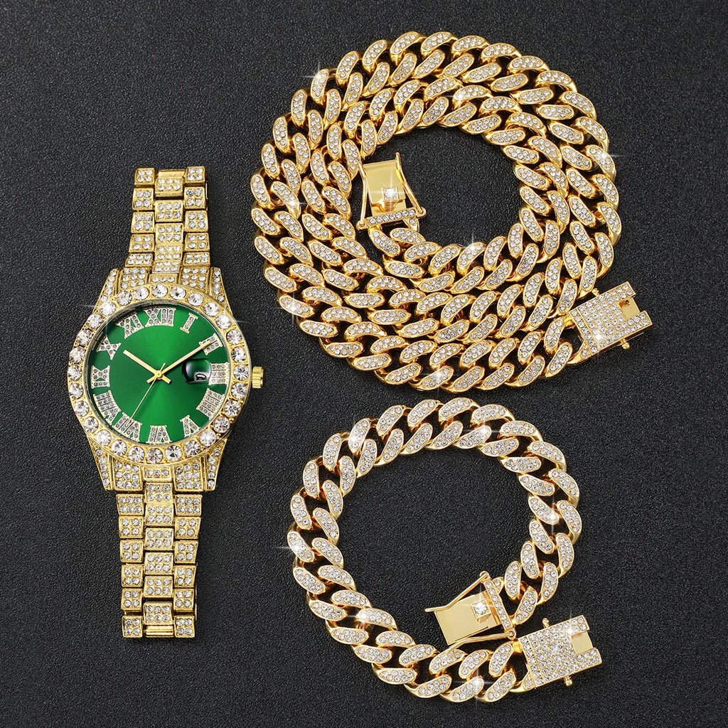 Coffret 3 Montres Homme Luxe Diamant — Cadran Roma, Acier, Quartz + Bijoux (Sans Boîte)