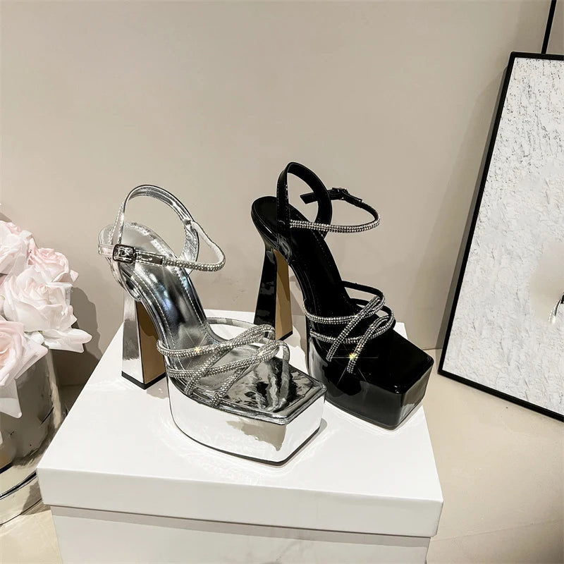 Sandales Plateforme Strass Talon Épais Femme — Bout Ouvert, Mariage Soirée