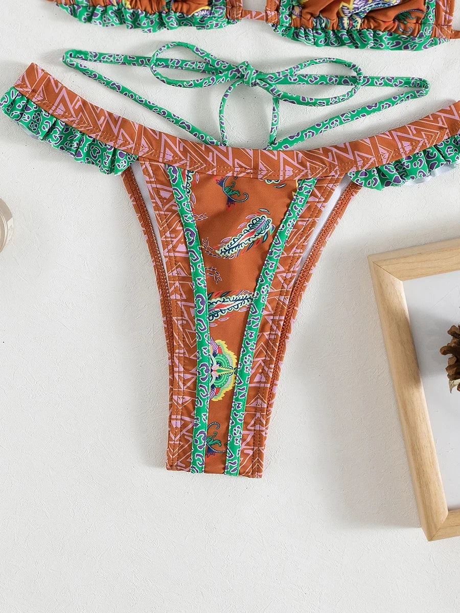 Bikini Halter Floral Volanté Femme — 2 Pièces, Tanga, Maillot de Bain Plage