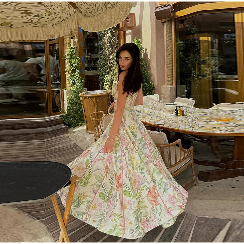 Robe Maxi Halter Corset Imprimé Floral 2026 — Sans Manches, Ligne A, Soirée Élégante