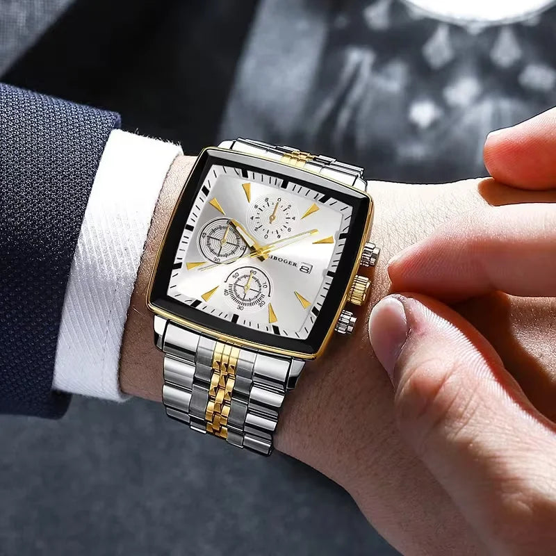 Montre Homme Luxe Carrée Quartz — Acier Inoxydable, Calendrier, Business (Sans Boîte)