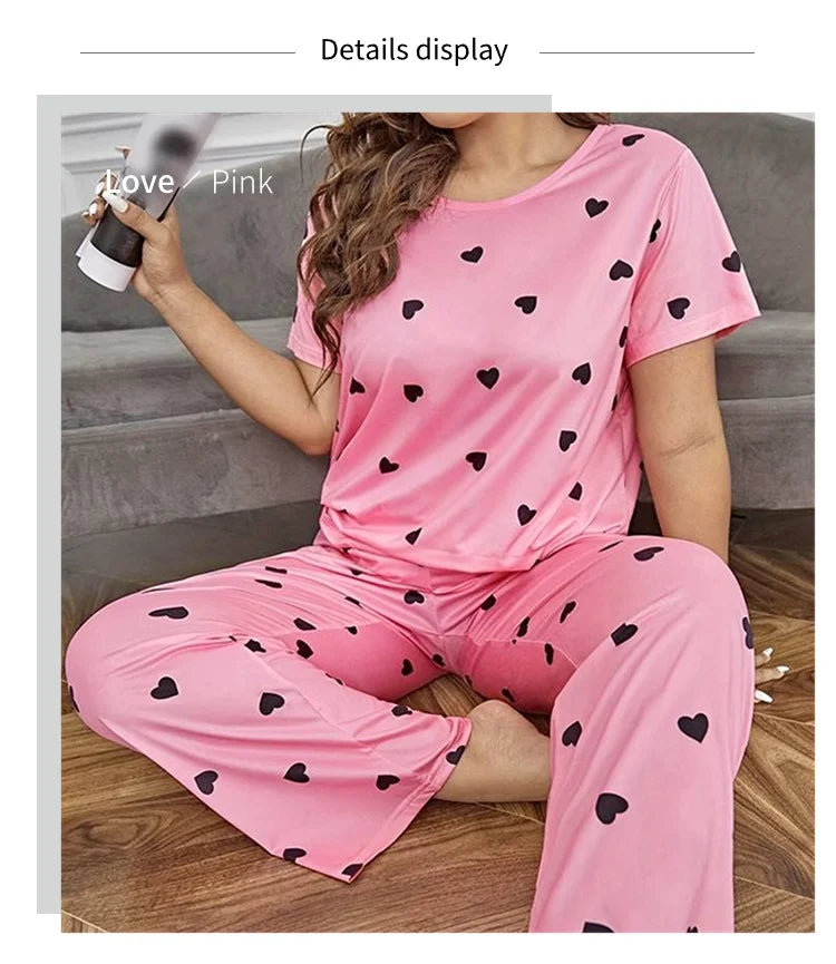 Pyjama Femme Grande Taille Imprimé Cœur — 2 Pièces Manches Courtes & Pantalon, Doux