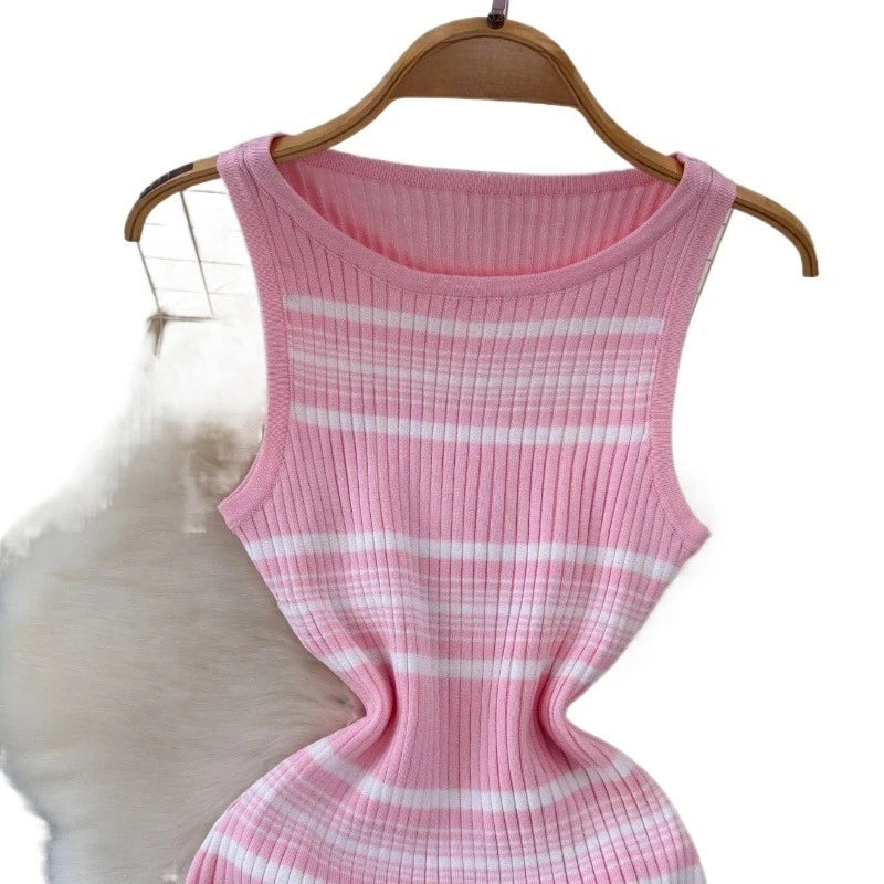 Robe Maxi Bodycon Rayée Rose — Sans Manches, Col Rond, Plage & Soirée Été