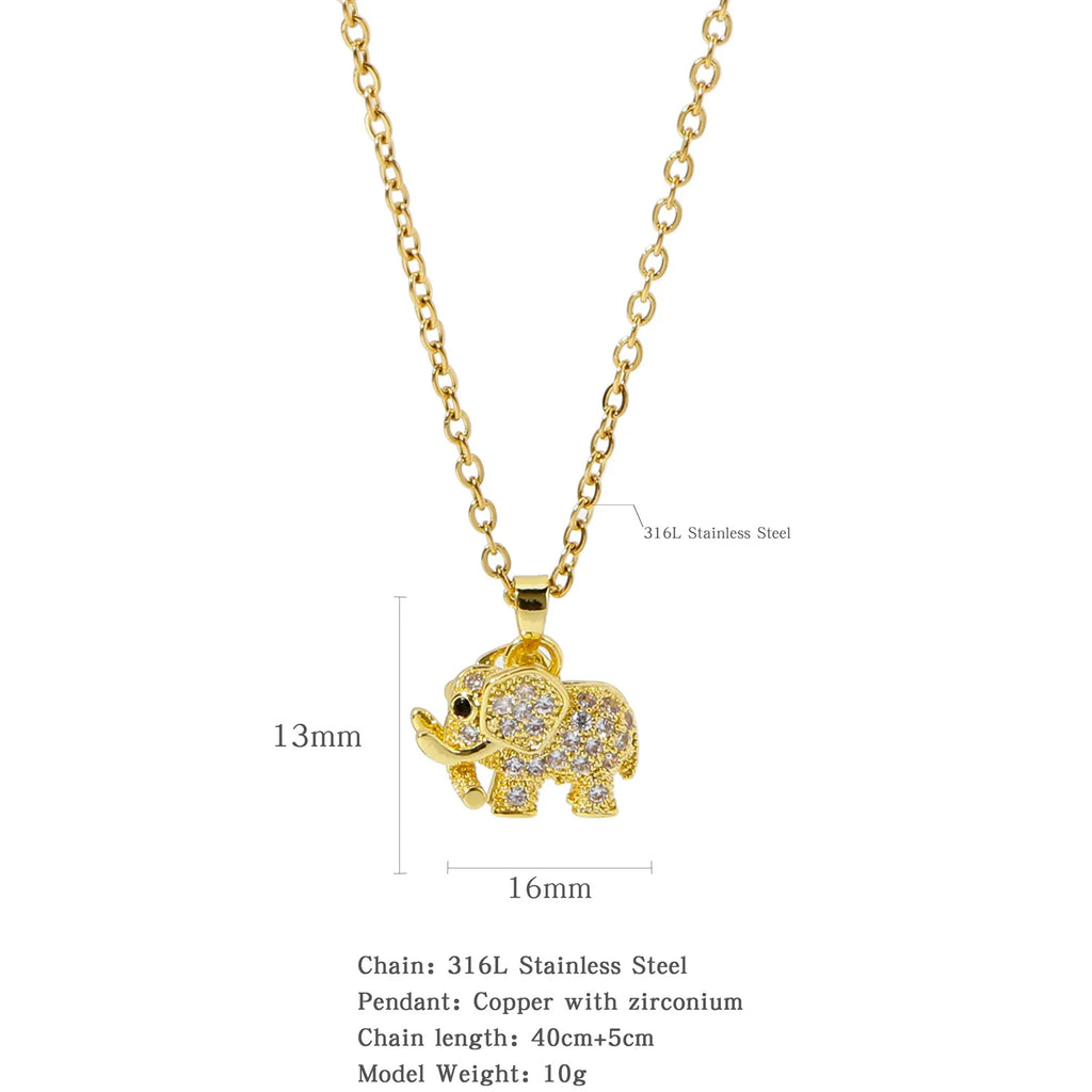 Collier Pendentif Éléphant Zircon Cubique — Cuivre Doré, Polyvalent, Homme & Femme