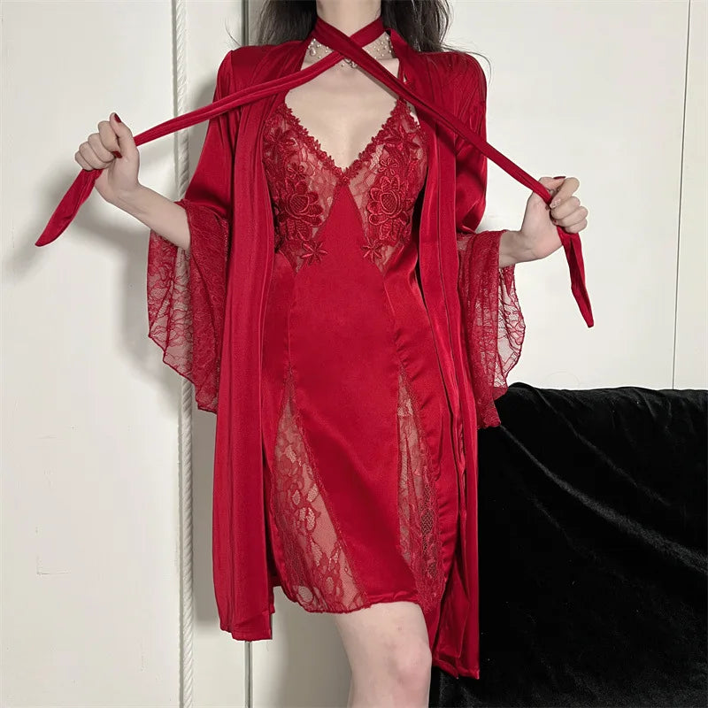 Robe de Chambre Femme Broderie Sexy — Dentelle Satin, Kimono Mariage Été