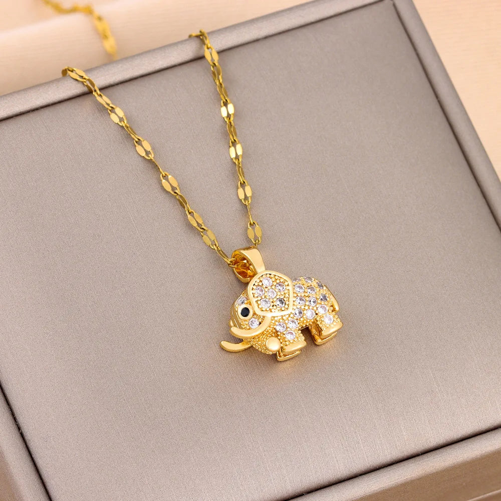 Collier Pendentif Éléphant Zircon Cubique — Cuivre Doré, Polyvalent, Homme & Femme