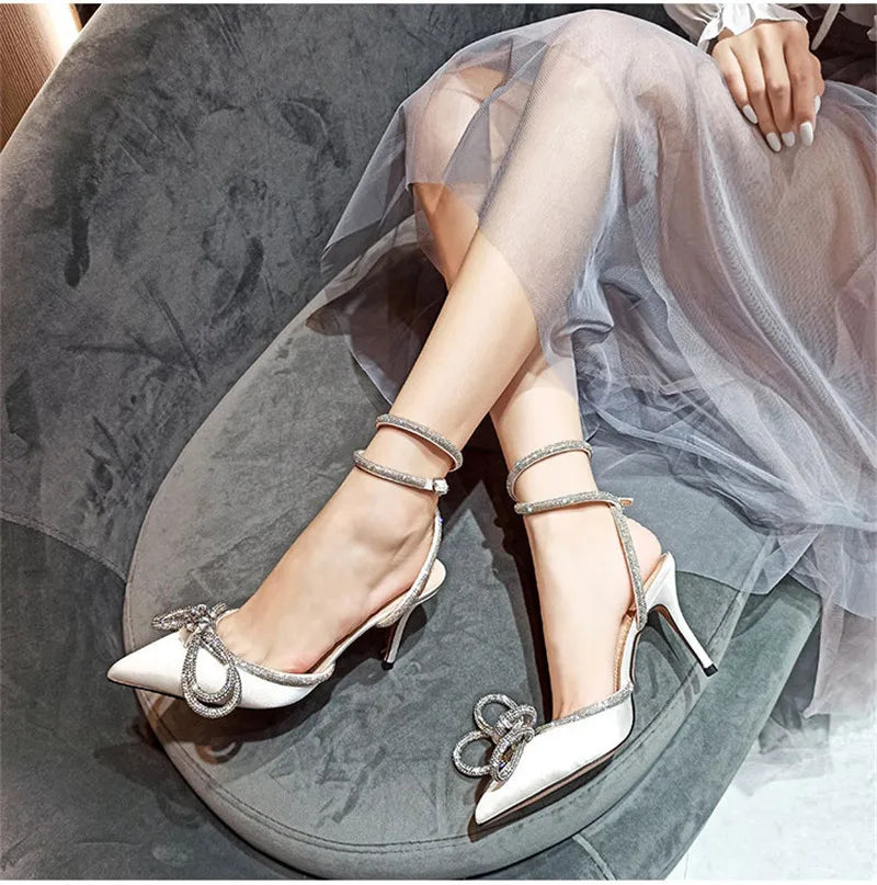Escarpins Glitter Strass Noeud Soie Talon Fin — Bout Pointu, Boucle, Soirée Prom 2025