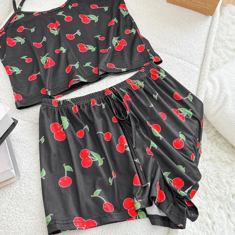 Pyjama Femme Soie Glacée Imprimé — Top Col Rond & Short, Respirant & Confortable