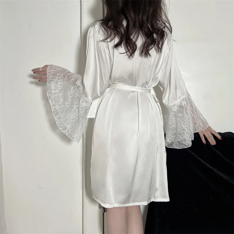 Robe de Chambre Femme Broderie Sexy — Dentelle Satin, Kimono Mariage Été