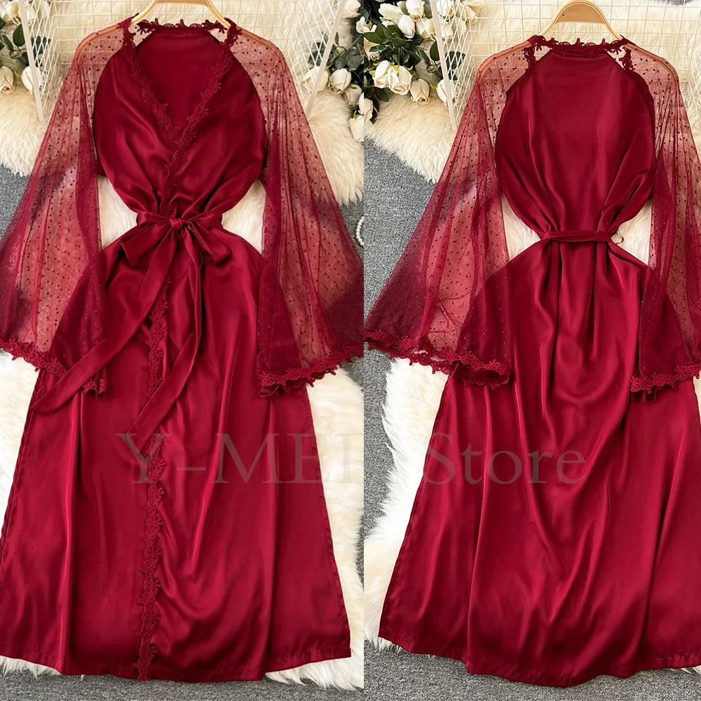Robe de Chambre Kimono Dentelle Broderie — Longue, Satin Soie, Mariage & Nuit