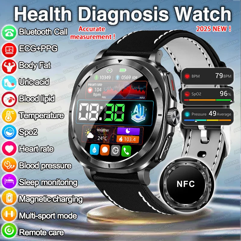 Montre Connectée Santé ECG Laser 2025 — Tension Artérielle, Acide Urique, NFC, Appels