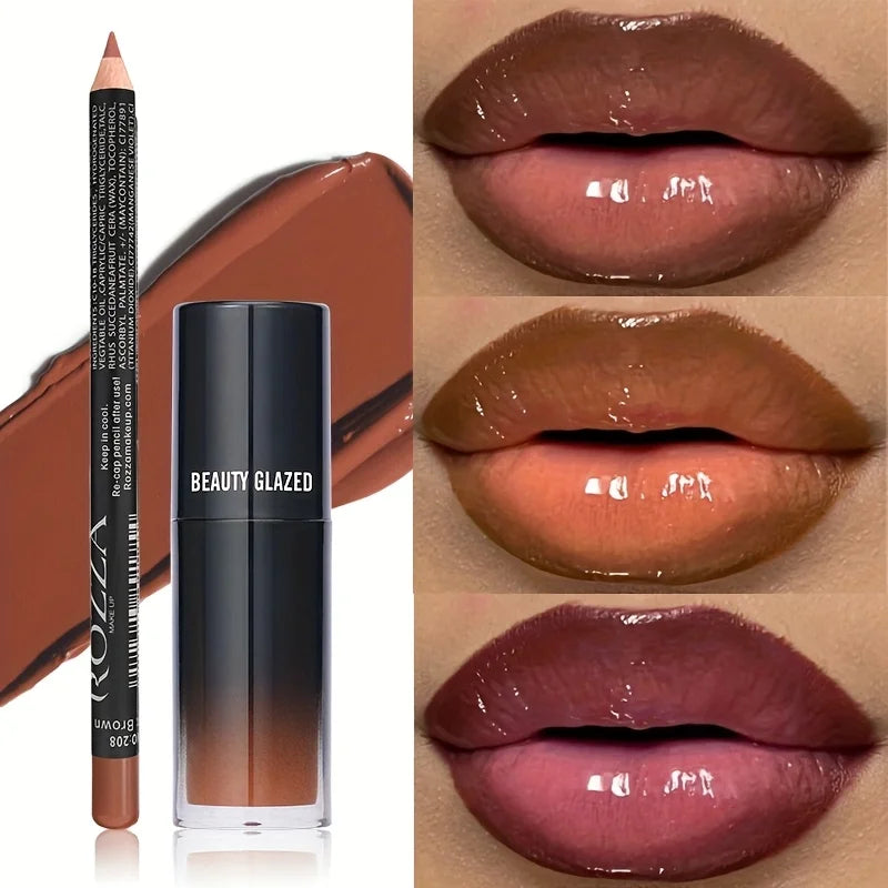 Set 2 Pièces Crayon Lèvres + Huile Lèvres Waterproof Hydratant — Longue Tenue