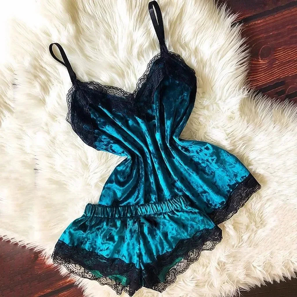 Pyjama Femme Dentelle Satin 2 Pièces — Top Court & Short, Sexy Lounge Été